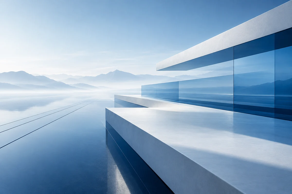 Abstract blue architectural layers extending toward a horizon